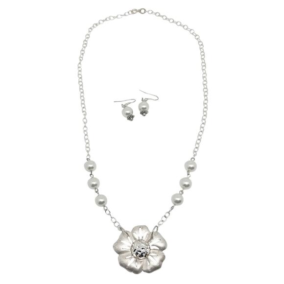 Hand Crafted Jewelry - Handmade Silver Tone Chain Necklace Flower Pendant Faux Pearls & Earrings Set